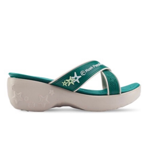 HUSH PUPPIES • Lollipop Green/White Criss-Cross Strappy Slip-On Wedge Sandals - Picture 3 of 16